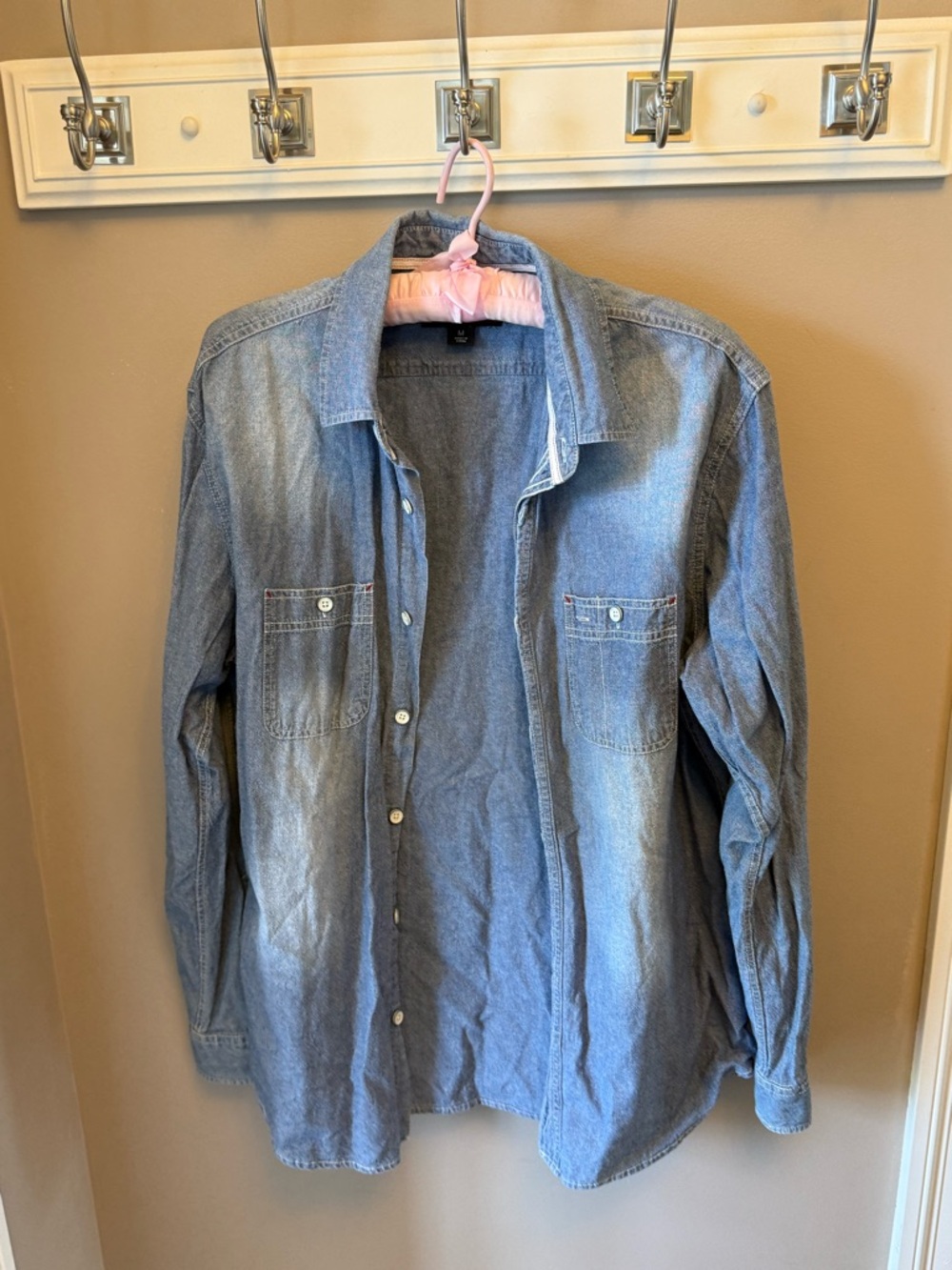 Adam Levine Light Blue Denim Shirt with Pink Hanger Detail